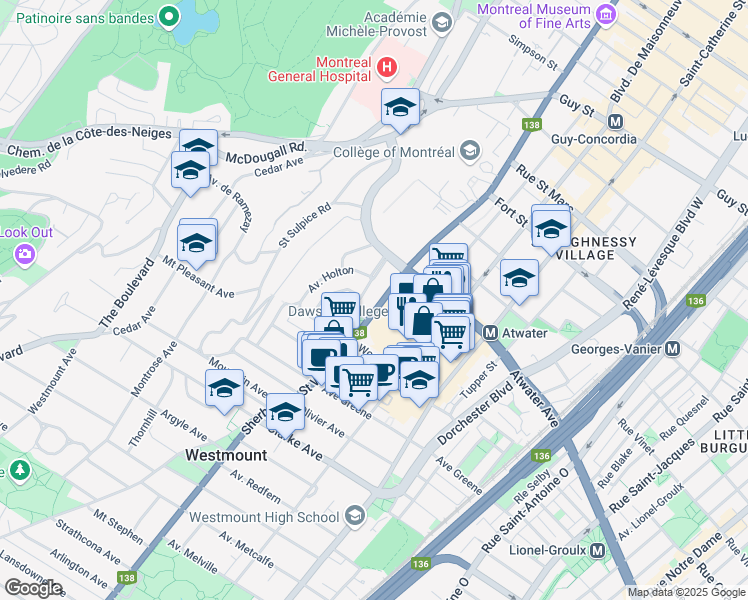 map of restaurants, bars, coffee shops, grocery stores, and more near 3033 Sherbrooke Street West in Montreal