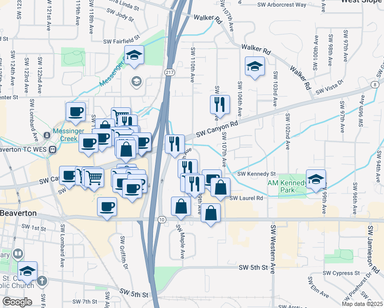 map of restaurants, bars, coffee shops, grocery stores, and more near 4085 Southwest 109th Avenue in Beaverton