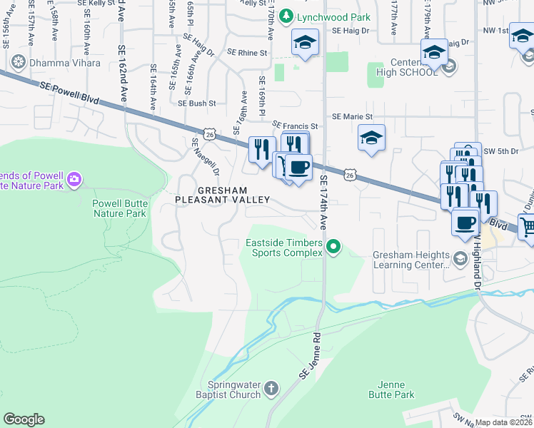 map of restaurants, bars, coffee shops, grocery stores, and more near 17310 Southeast Naegeli Drive in Portland