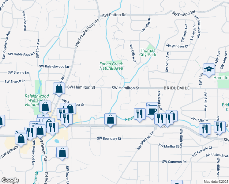 map of restaurants, bars, coffee shops, grocery stores, and more near 4540 Southwest 59th Avenue in Portland