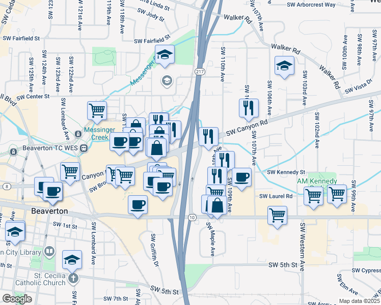 map of restaurants, bars, coffee shops, grocery stores, and more near Beaverton Tigard Highway in Beaverton