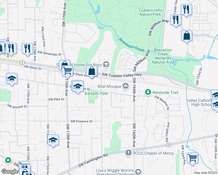 map of restaurants, bars, coffee shops, grocery stores, and more near 16375 Southwest Blanton Street in Aloha