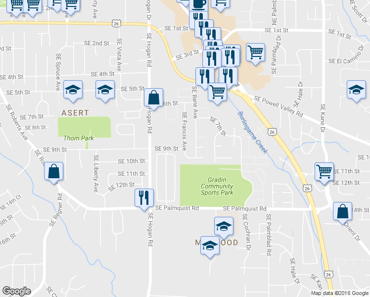 map of restaurants, bars, coffee shops, grocery stores, and more near 2299 Southeast 9th Street in Gresham