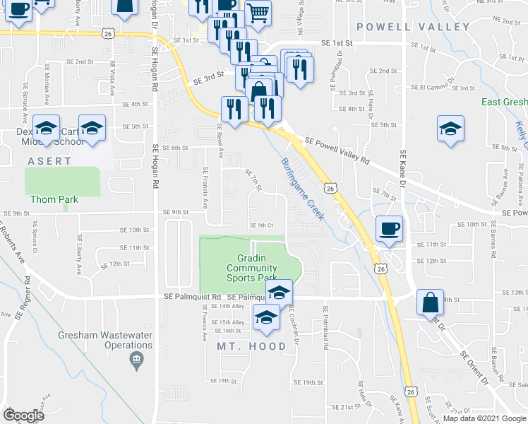 map of restaurants, bars, coffee shops, grocery stores, and more near 2422 Southeast 8th Court in Gresham