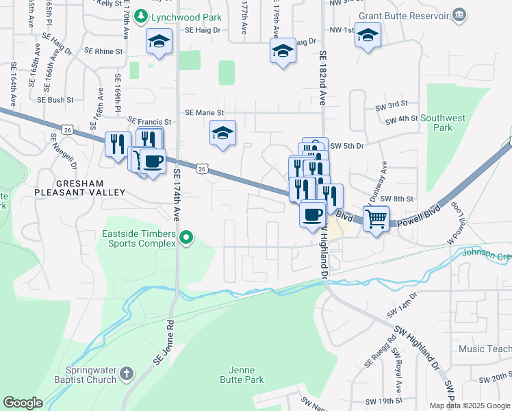 map of restaurants, bars, coffee shops, grocery stores, and more near 4808 Powell Boulevard in Gresham