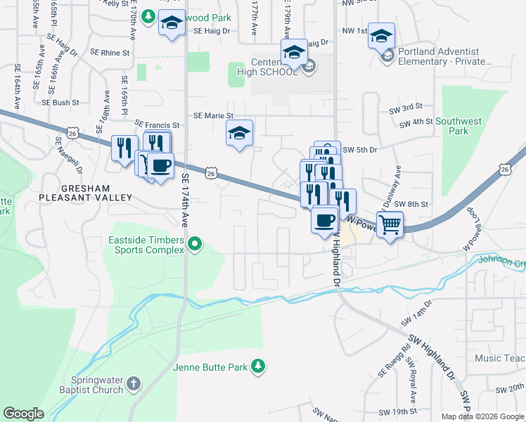 map of restaurants, bars, coffee shops, grocery stores, and more near 4808 Powell Boulevard in Gresham