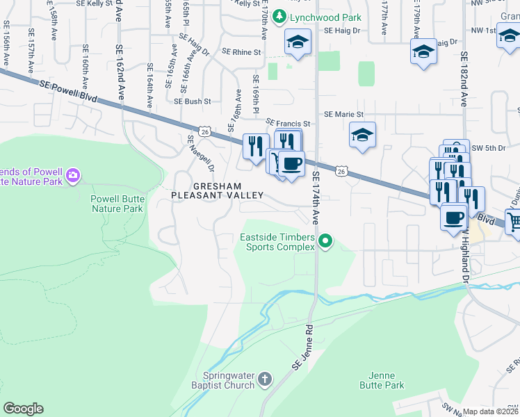 map of restaurants, bars, coffee shops, grocery stores, and more near 17310 Southeast Naegeli Drive in Portland