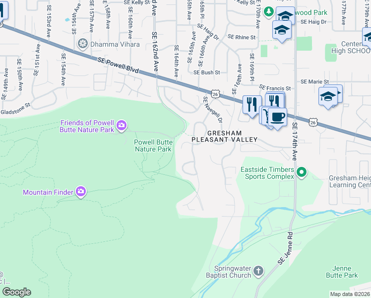 map of restaurants, bars, coffee shops, grocery stores, and more near 16432 Southeast Meadowland Court in Portland