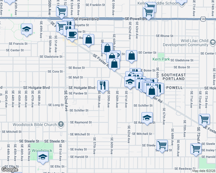 map of restaurants, bars, coffee shops, grocery stores, and more near 5847 Southeast Holgate Boulevard in Portland