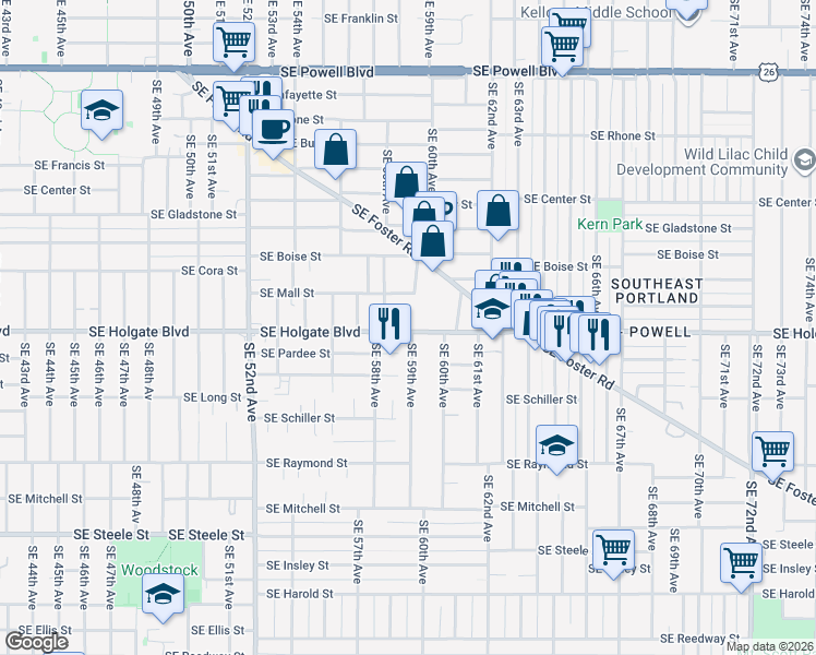 map of restaurants, bars, coffee shops, grocery stores, and more near 5847 Southeast Holgate Boulevard in Portland
