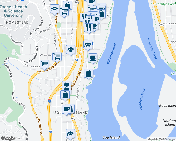 map of restaurants, bars, coffee shops, grocery stores, and more near 4386 South Macadam Avenue in Portland
