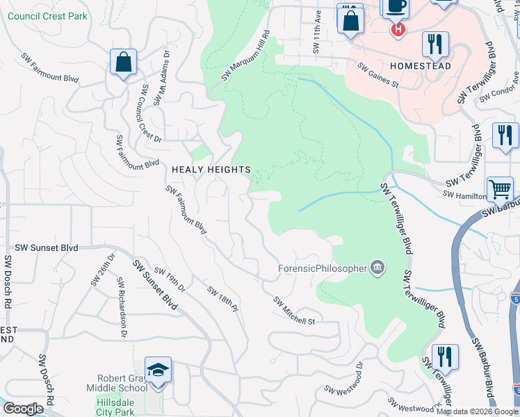 map of restaurants, bars, coffee shops, grocery stores, and more near 3061 Southwest Fairmount Boulevard in Portland