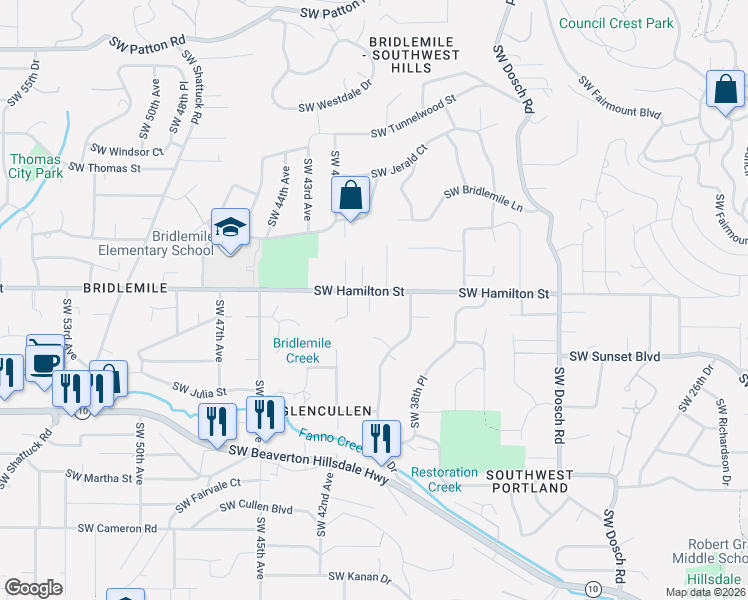map of restaurants, bars, coffee shops, grocery stores, and more near 4010 Southwest Hamilton Street in Portland