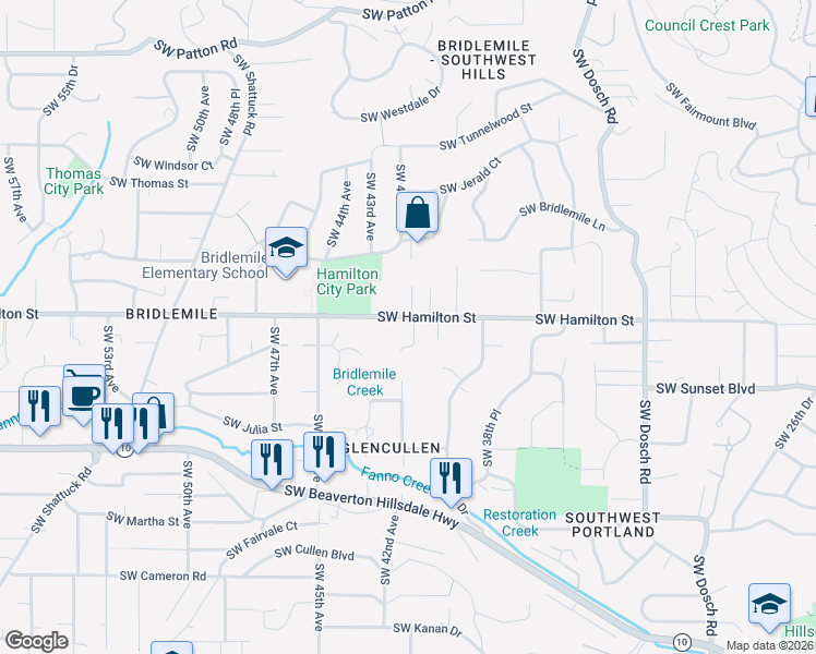 map of restaurants, bars, coffee shops, grocery stores, and more near 4100 Southwest Hamilton Street in Portland