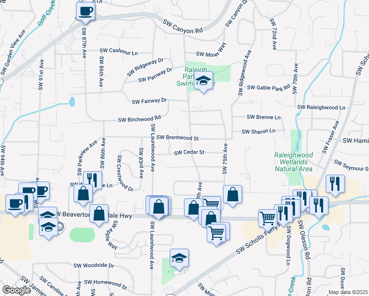 map of restaurants, bars, coffee shops, grocery stores, and more near 7905 Southwest Cedar Street in Portland