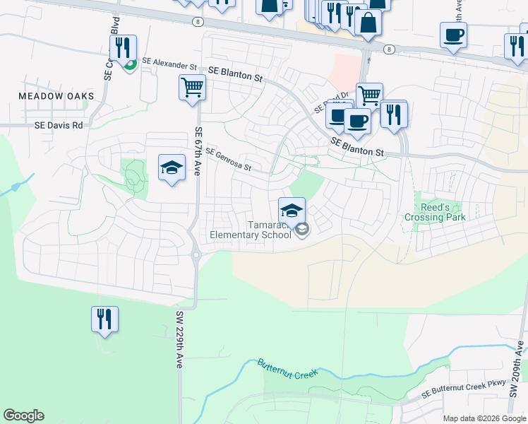 map of restaurants, bars, coffee shops, grocery stores, and more near 4051 Southeast Reed Drive in Hillsboro