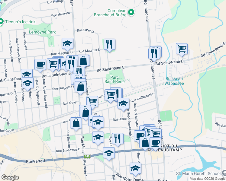 map of restaurants, bars, coffee shops, grocery stores, and more near 243 Rue Garnier in Gatineau