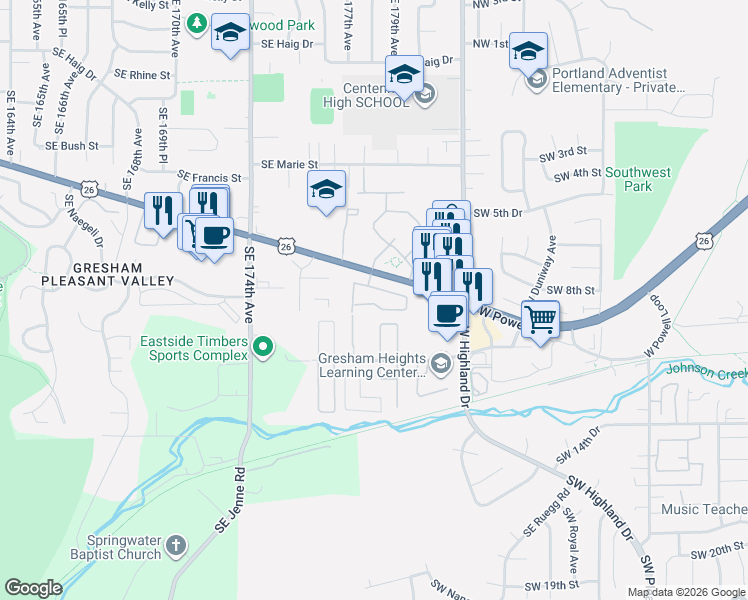 map of restaurants, bars, coffee shops, grocery stores, and more near 4614 West Powell Boulevard in Gresham