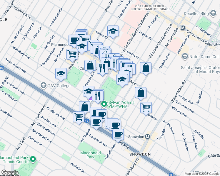 map of restaurants, bars, coffee shops, grocery stores, and more near in Montreal