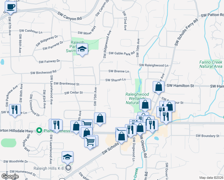 map of restaurants, bars, coffee shops, grocery stores, and more near 4080 Southwest Charming Way in Portland