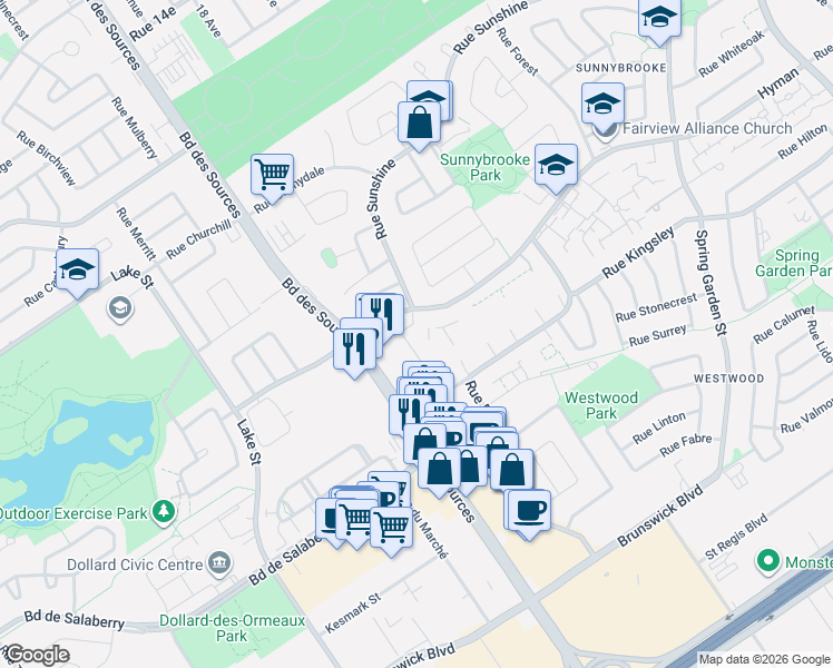 map of restaurants, bars, coffee shops, grocery stores, and more near 115 Rue Hyman in Dollard-des-Ormeaux