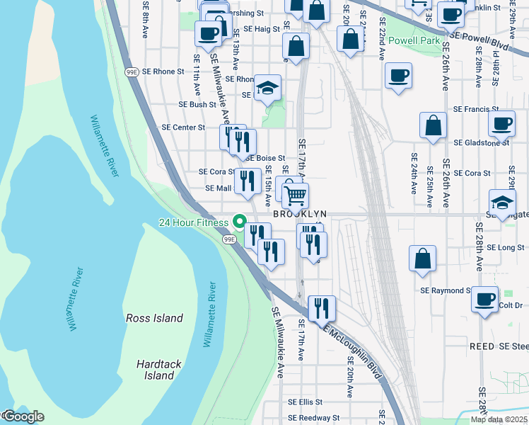 map of restaurants, bars, coffee shops, grocery stores, and more near 1421 Southeast Holgate Boulevard in Portland