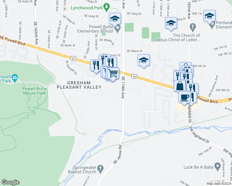 map of restaurants, bars, coffee shops, grocery stores, and more near 17318 Southeast Naegeli Drive in Portland