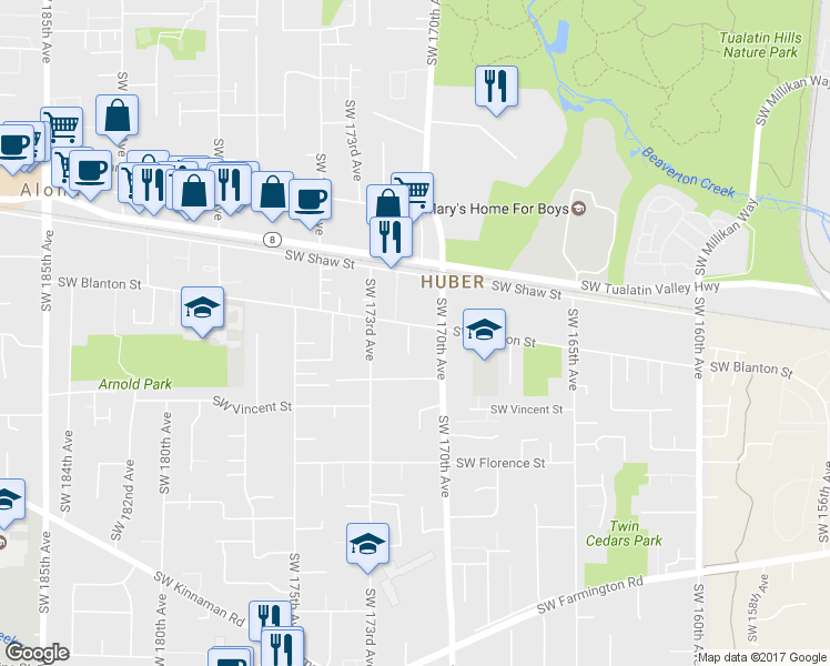 map of restaurants, bars, coffee shops, grocery stores, and more near 17080 Southwest Blanton Street in Beaverton