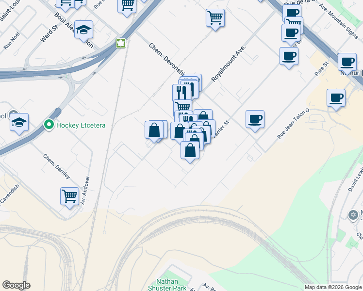 map of restaurants, bars, coffee shops, grocery stores, and more near 8170 Chemin Montview in Mont-Royal