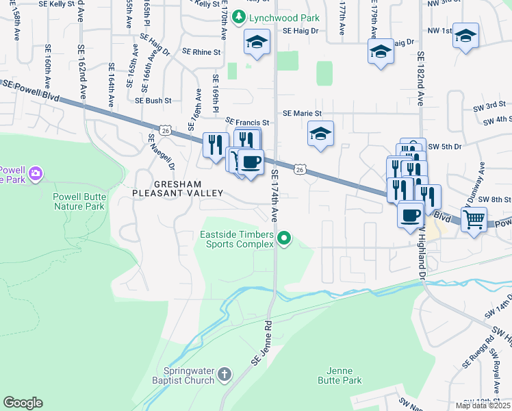map of restaurants, bars, coffee shops, grocery stores, and more near 17314 Southeast Naegeli Drive in Portland