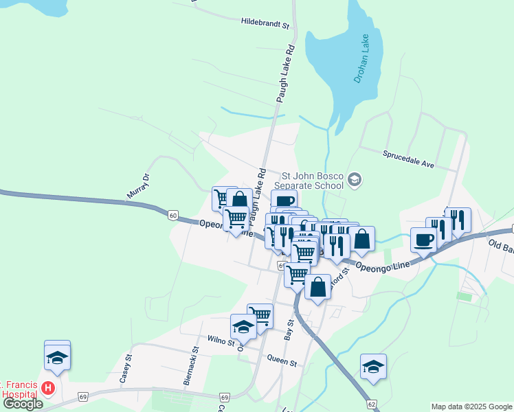 map of restaurants, bars, coffee shops, grocery stores, and more near 28 Paugh Lake Road in Barry's Bay