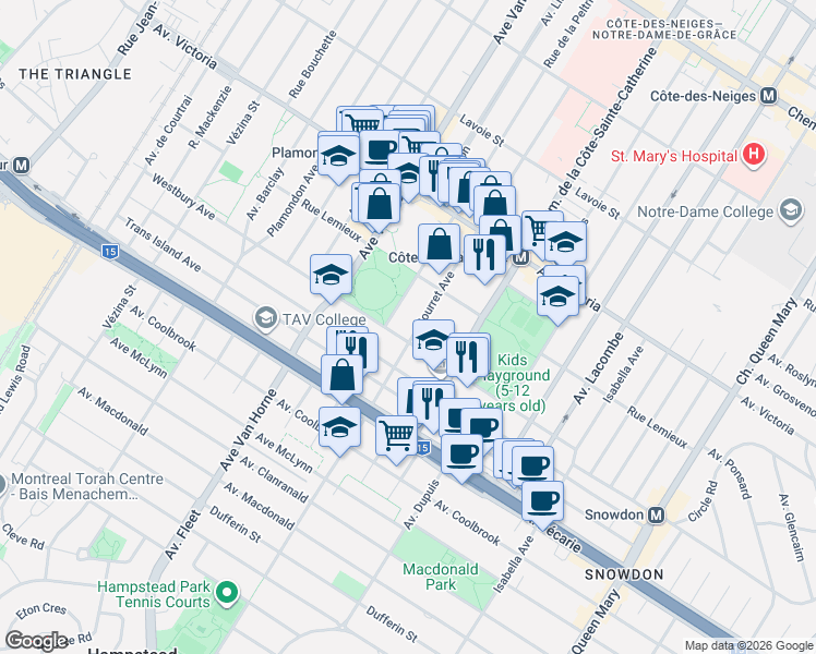 map of restaurants, bars, coffee shops, grocery stores, and more near 5135 Avenue Bourret in Montréal