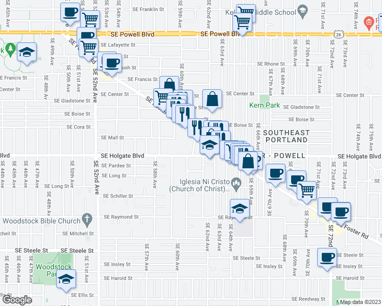 map of restaurants, bars, coffee shops, grocery stores, and more near 6011 Southeast Holgate Boulevard in Portland
