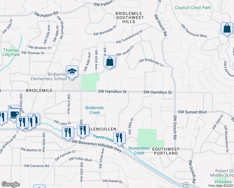 map of restaurants, bars, coffee shops, grocery stores, and more near 4010 Southwest Hamilton Street in Portland