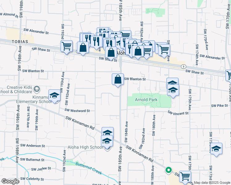 map of restaurants, bars, coffee shops, grocery stores, and more near 4055 Southwest 185th Avenue in Beaverton