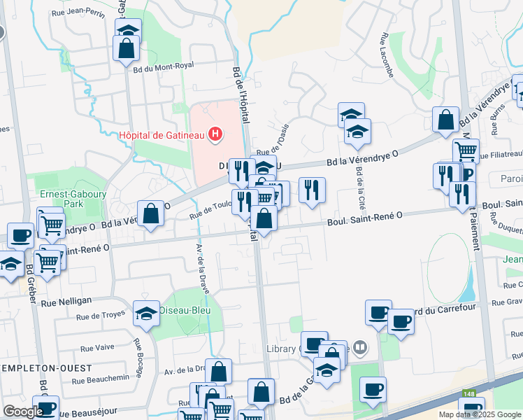 map of restaurants, bars, coffee shops, grocery stores, and more near in Gatineau