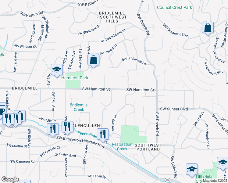 map of restaurants, bars, coffee shops, grocery stores, and more near 3824 Southwest Hamilton Street in Portland