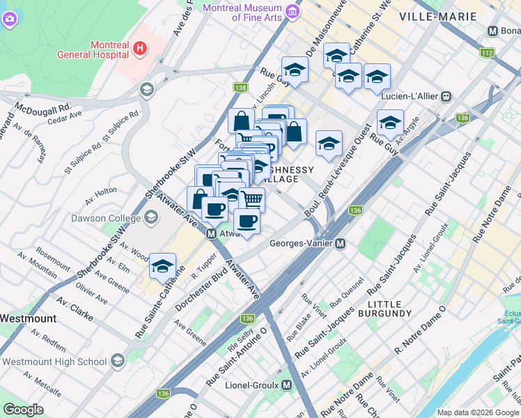 map of restaurants, bars, coffee shops, grocery stores, and more near 2108 Rue Tupper in Montréal