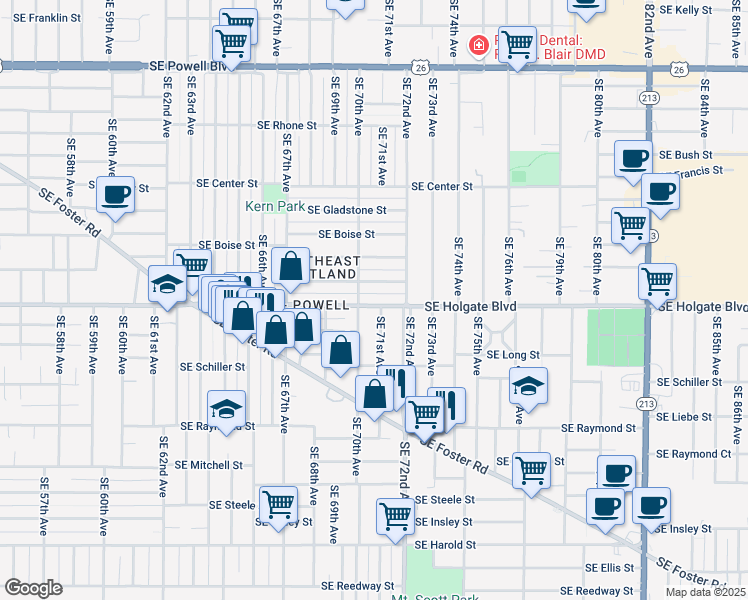 map of restaurants, bars, coffee shops, grocery stores, and more near 7023 Southeast Holgate Boulevard in Portland