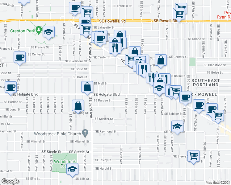 map of restaurants, bars, coffee shops, grocery stores, and more near 5603 Southeast Holgate Boulevard in Portland