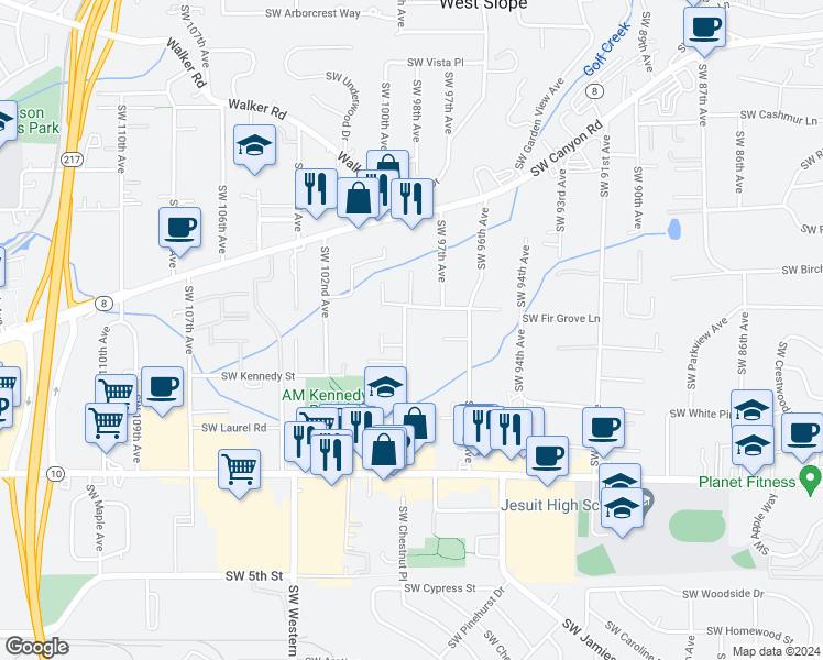 map of restaurants, bars, coffee shops, grocery stores, and more near 4100 Southwest 99th Avenue in Beaverton