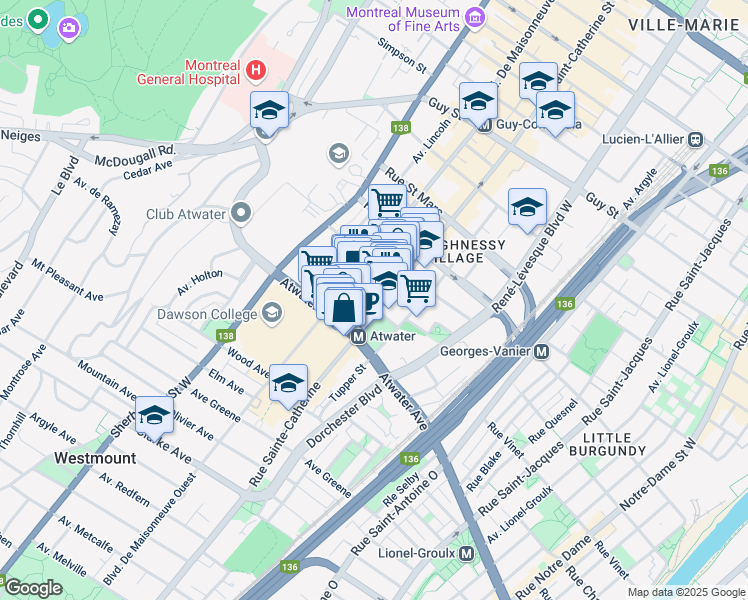 map of restaurants, bars, coffee shops, grocery stores, and more near in Montreal