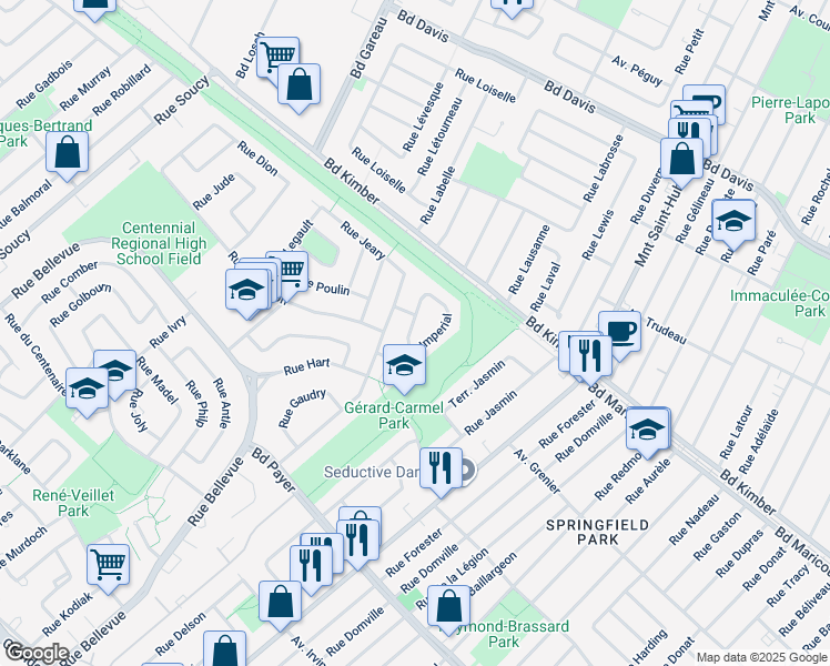 map of restaurants, bars, coffee shops, grocery stores, and more near 1001 Rue du Portage in Greenfield Park