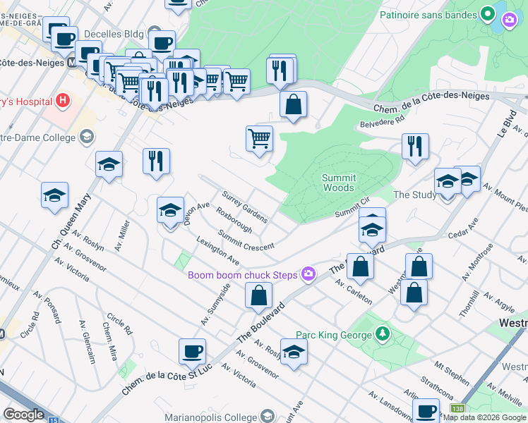 map of restaurants, bars, coffee shops, grocery stores, and more near 111 Rue Summit Circle in Westmount