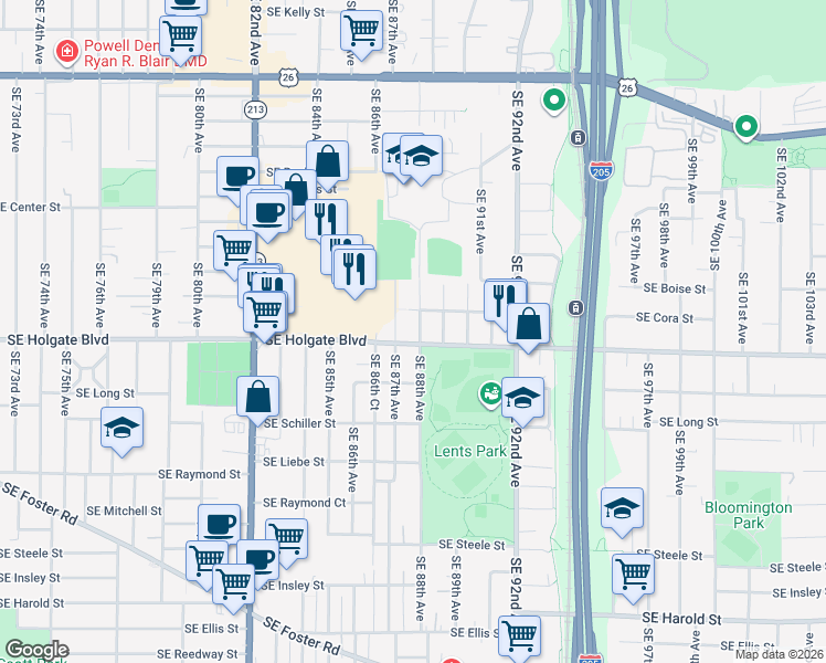 map of restaurants, bars, coffee shops, grocery stores, and more near 4411 Southeast 88th Avenue in Portland