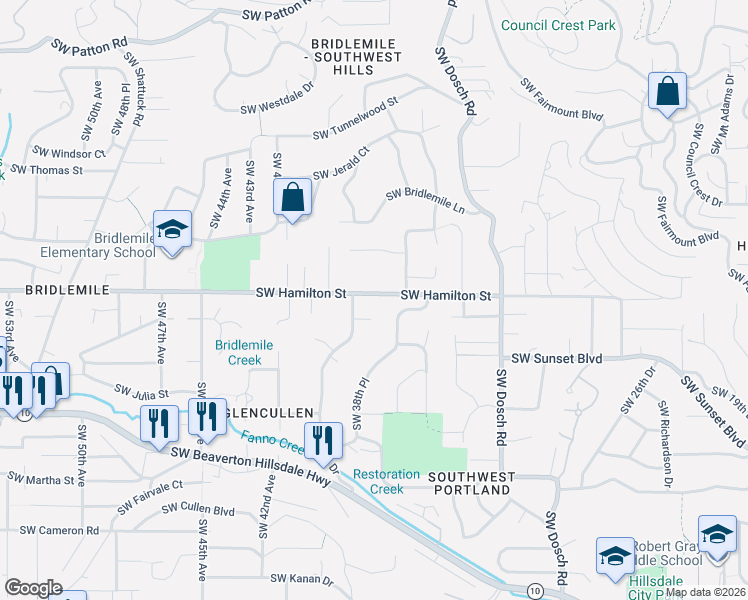 map of restaurants, bars, coffee shops, grocery stores, and more near 3734 Southwest Hamilton Street in Portland