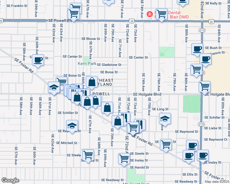 map of restaurants, bars, coffee shops, grocery stores, and more near 7023 Southeast Holgate Boulevard in Portland