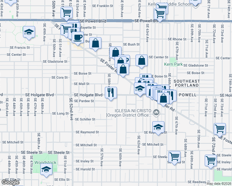 map of restaurants, bars, coffee shops, grocery stores, and more near 5845 Southeast Holgate Boulevard in Portland