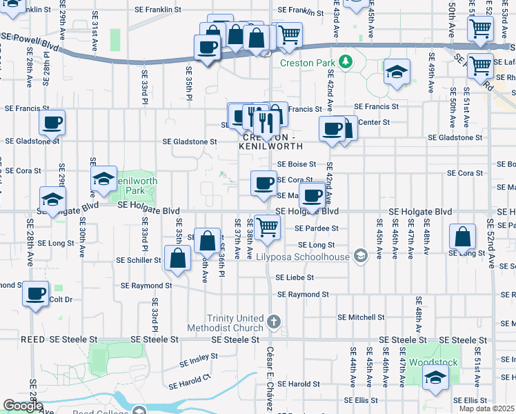 map of restaurants, bars, coffee shops, grocery stores, and more near 3819 Southeast Holgate Boulevard in Portland