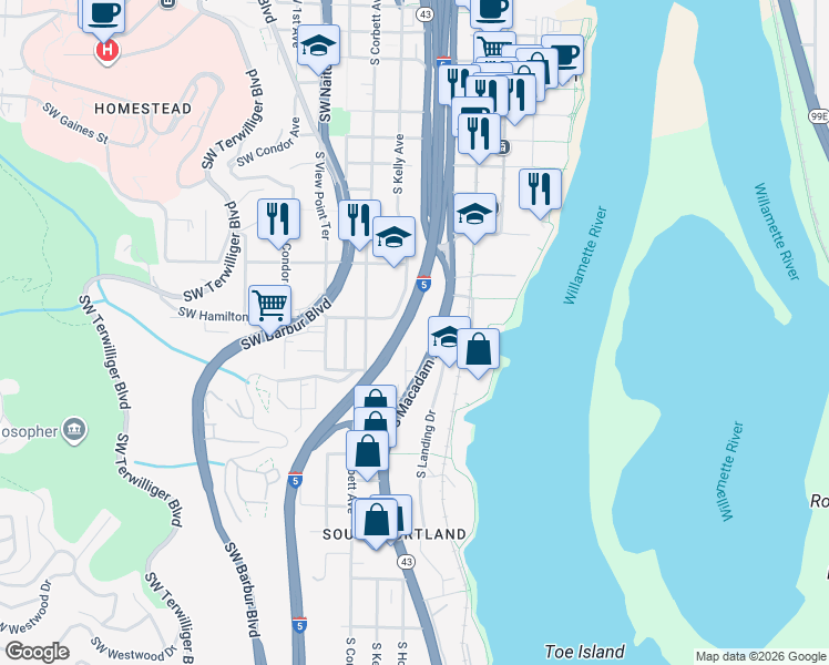 map of restaurants, bars, coffee shops, grocery stores, and more near 4530 South Kelly Avenue in Portland